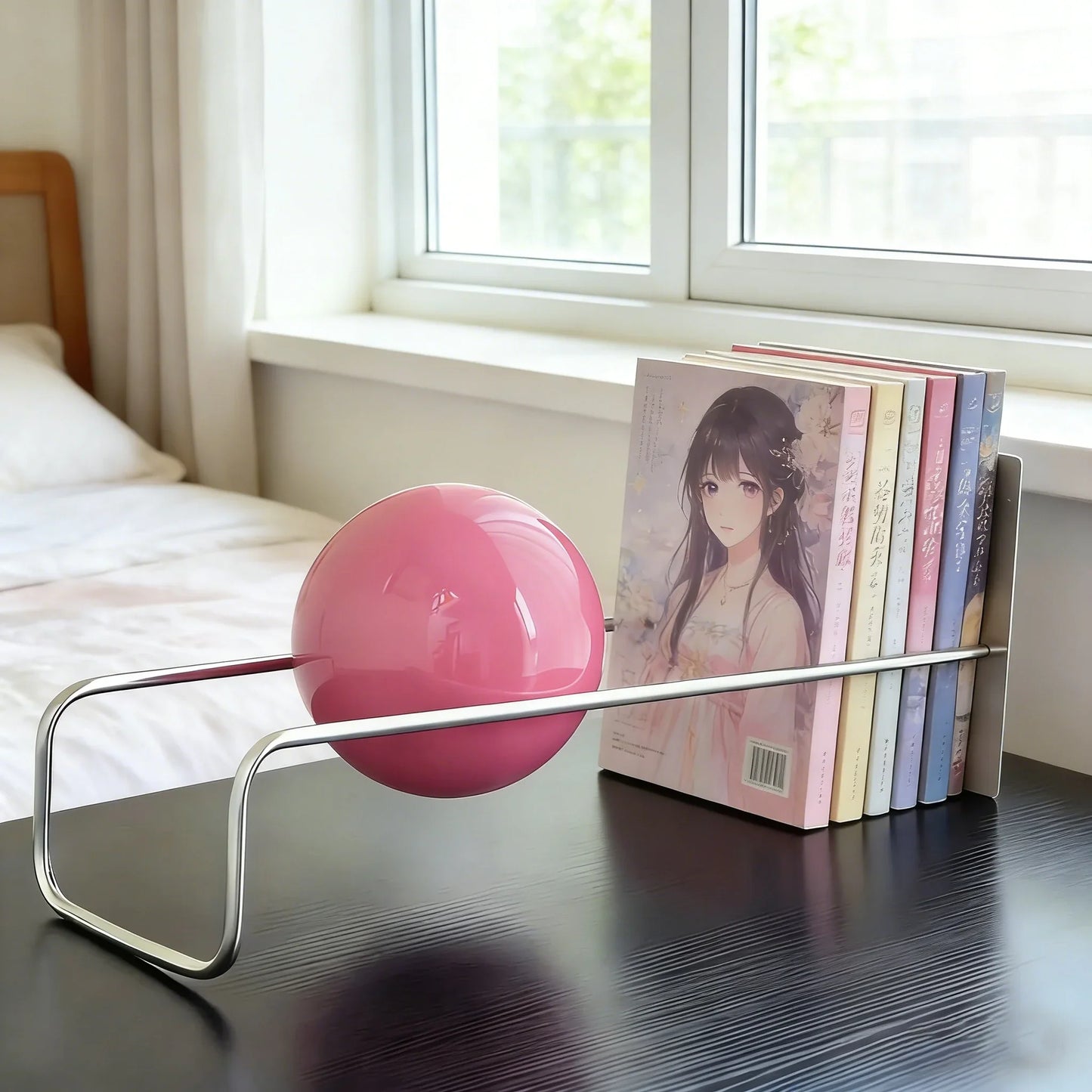 Modern Gravity Ball Book Holder – Bauhaus Mid-Century Desktop Organizer, Chic Magazine & Newspaper Rack, Stylish Office Desk