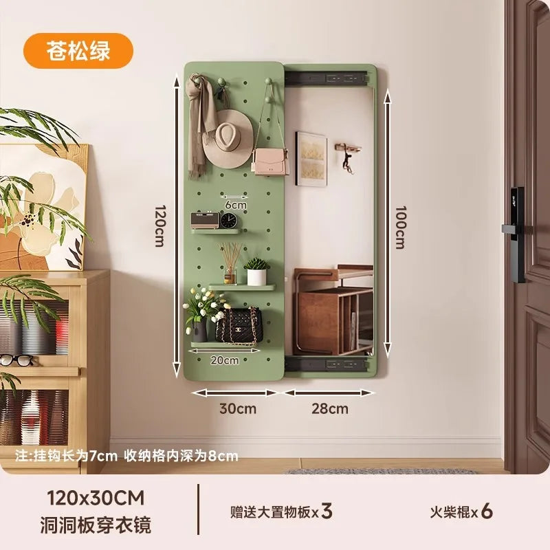 Solid wood perforated board dressing mirror invisible push-pull full body mirror storage wall hanging entrance dressing mirror