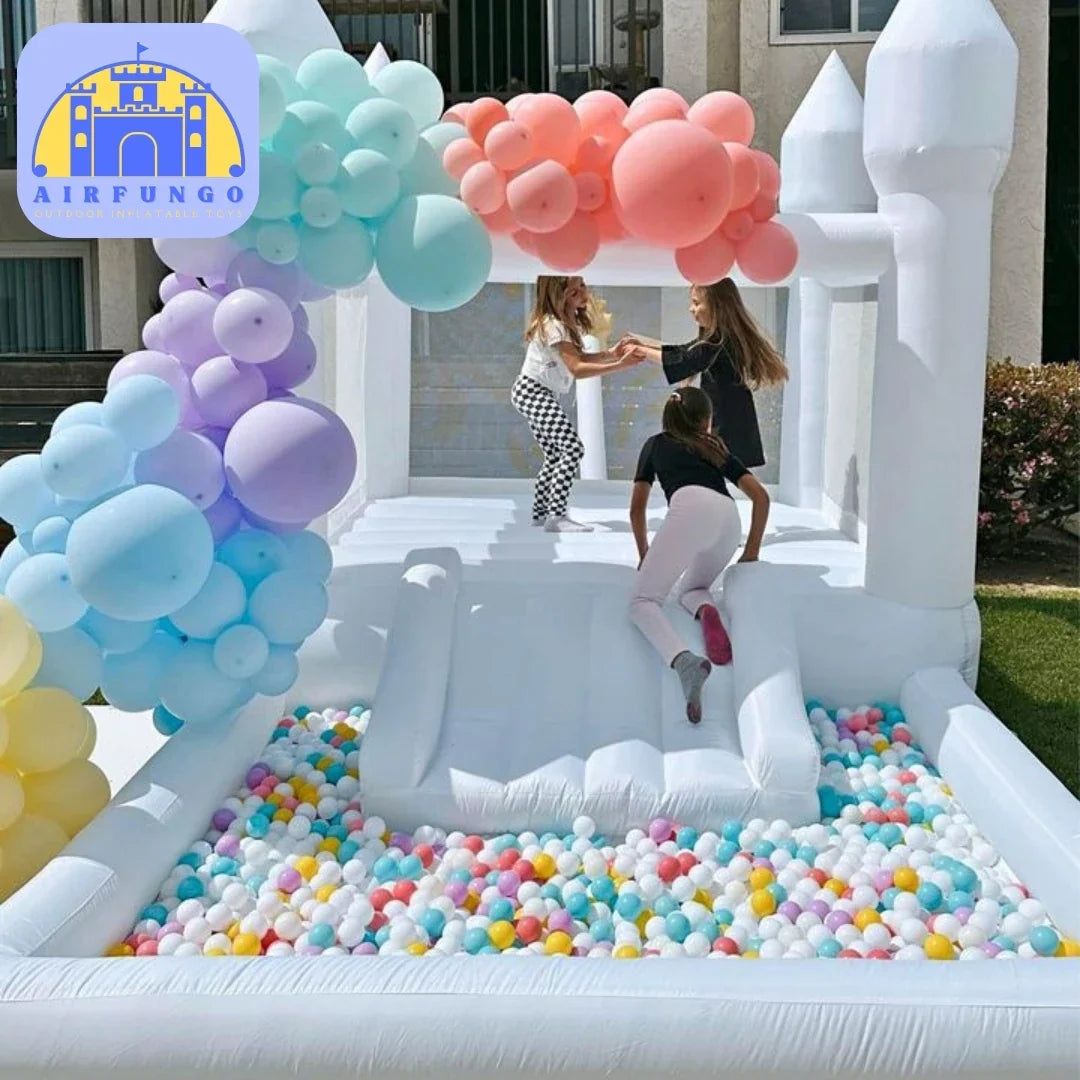 （This product is currently out of stock）White Bounce House With Slide Ball Pit Party  Inflatable Mini Bouncy Castle With Blower