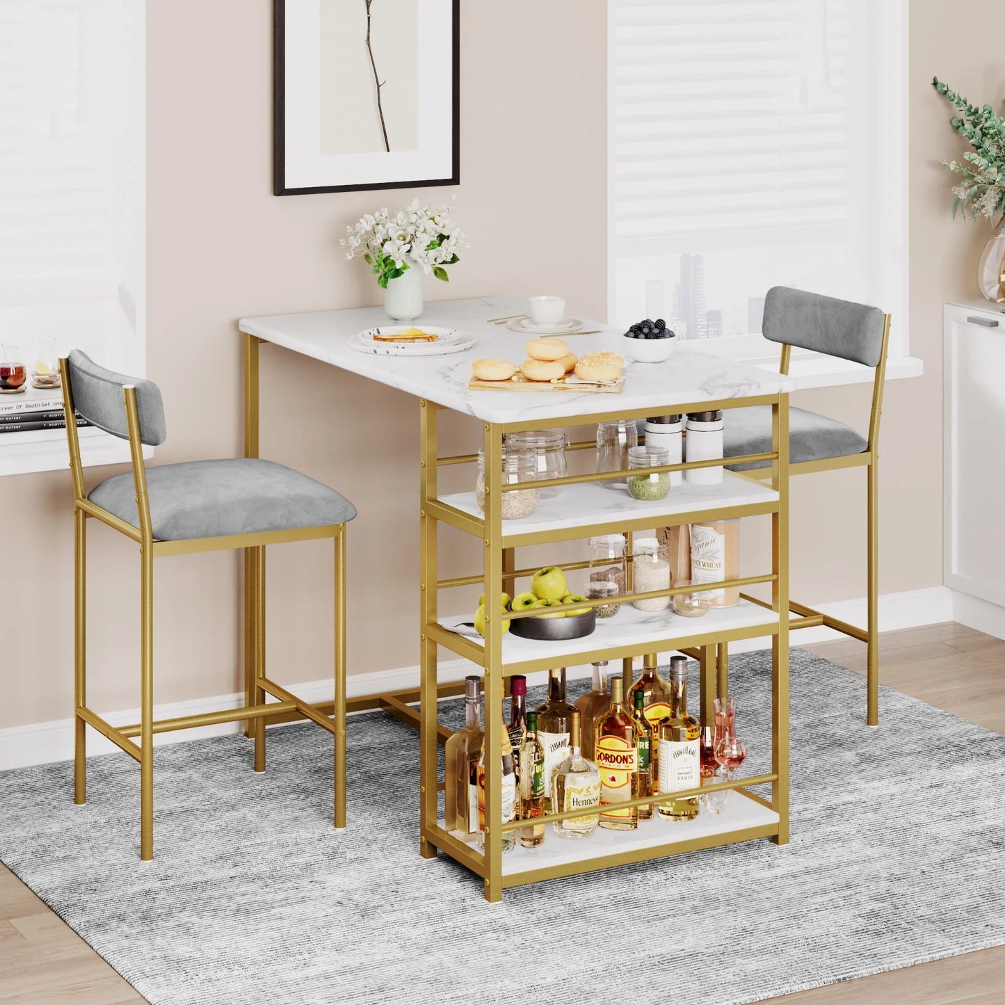 3 Pcs Dining Table and Chairs Set Space-Saving Bar Table with 2 PU Cushioned Stools for Breakfast Nook Small Spaces Dining Room