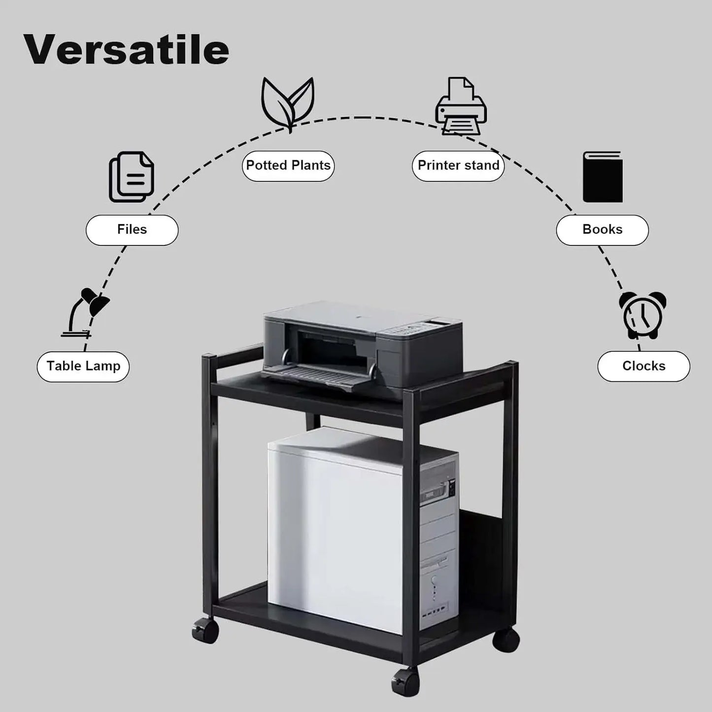 2-Tier Computer Tower Stand with Locking Wheels,Height Adjustable Printer Table Rolling Shelf CPU Holder Cart for Home Office