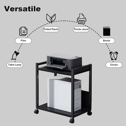 2-Tier Computer Tower Stand with Locking Wheels,Height Adjustable Printer Table Rolling Shelf CPU Holder Cart for Home Office