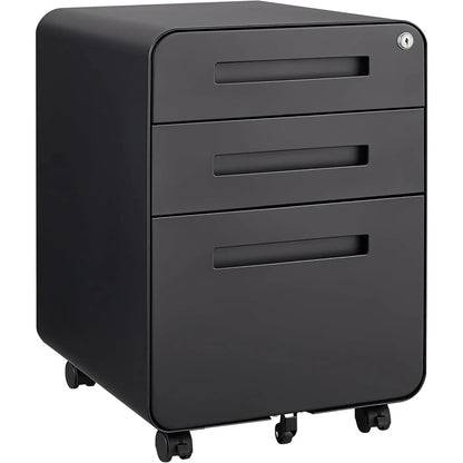 Lockable Secure 3-Drawer Metal File Cabinet Mobile Under Desk Storage on 5 Wheels, Anti-Tilt, for Home Office Organization