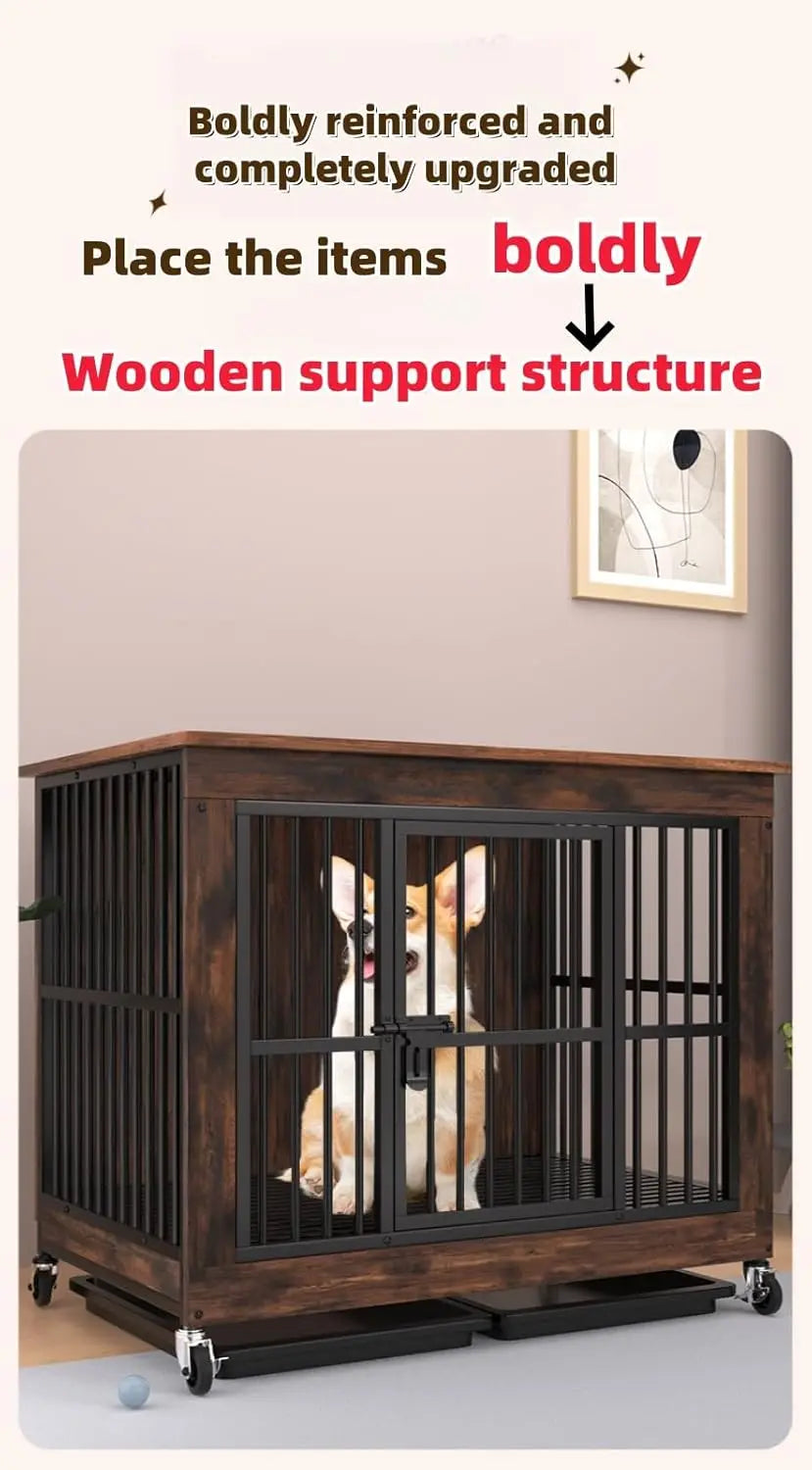 Wooden Dog Crate with Wheels Furniture, for Indoor, for All Dogs, Decorative Side End Table Multiple Units Can be Combined