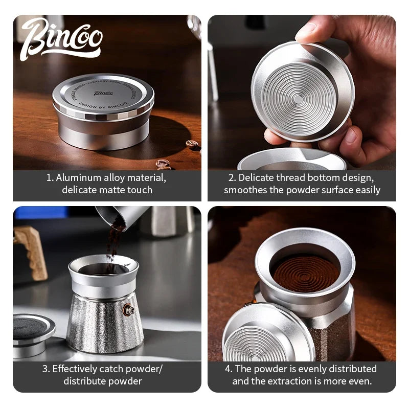 Bincoo Moka Pot Coffee Distributor, Aluminum Alloy Dosing Ring, Tamper, Anti-Spill Powder Funnel, Threaded Bottom Coffee Press