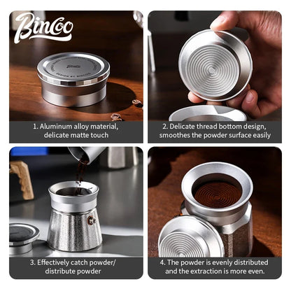 Bincoo Moka Pot Coffee Distributor, Aluminum Alloy Dosing Ring, Tamper, Anti-Spill Powder Funnel, Threaded Bottom Coffee Press