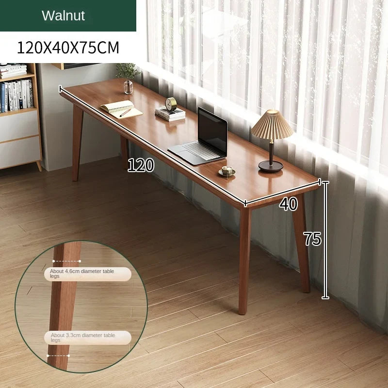 Double desk with solid wood legs, long and simple, for home use, near a window or wall, narrow table/workbench