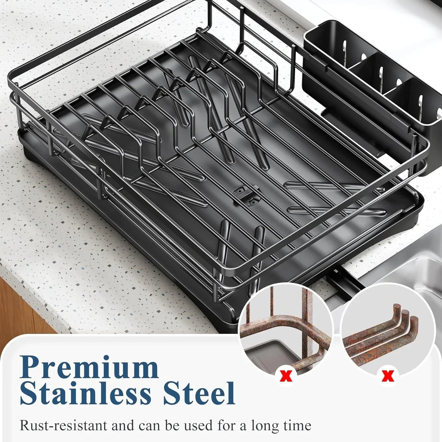 Spacious Kitchen Dish Rack with Drainboard - Rust-Resistant Countertop Drainer with Utensil Holder for Efficient Drying