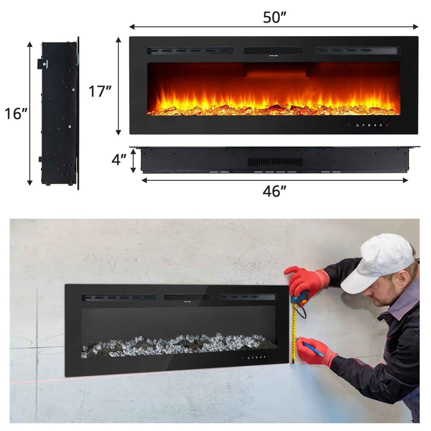 50Inch Electric Fireplace Inserts Ultra Narrow Frame Wall Mounted Fireplaces with 3 Heating Modes 12 Flame Colors Remote Control