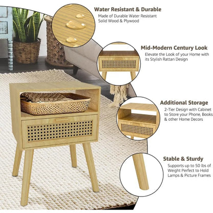Nightstand with Rattan Door Wooden Bedside Table End Table 1 Drawer Storage