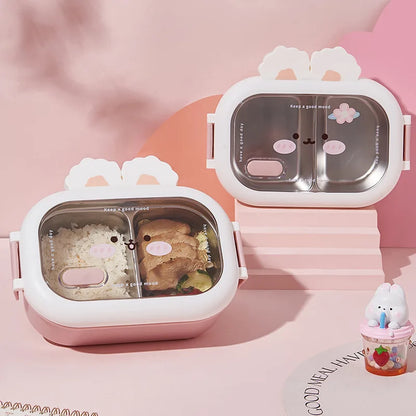 Stainless Steel Bento Box Creative Rabbit Design Divides Sealed Portable Lunch Box with Buckle for Children Student Cute Gifts