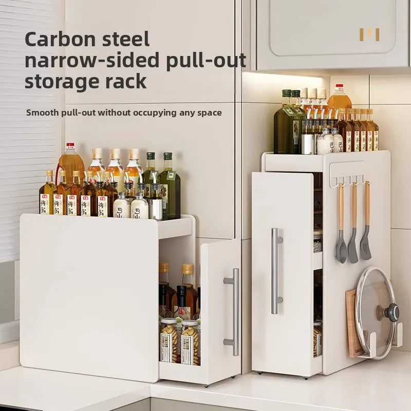 Pull-out multi-functional multi-layer storage seasoning rack, kitchen narrow side countertop storage rack