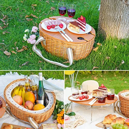 Picnic Basket for 4 Insulated Wicker Hamper with Folding Table Willow Picnic Baskets Set with Large Insulated Cooler Bag for Ca