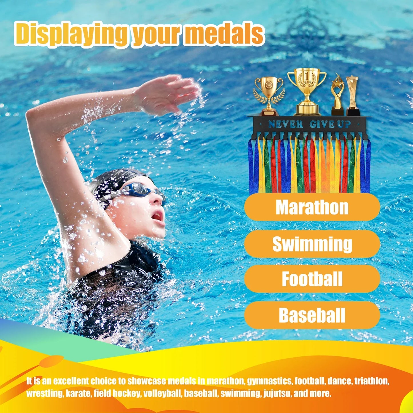 Medal Hanger Display Rack Wall Mount Metal Trophy Rack Ribbons Medals Display Hanger with Inspirational Words for Soccer Race