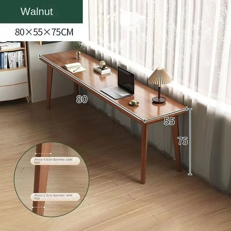 Double desk with solid wood legs, long and simple, for home use, near a window or wall, narrow table/workbench