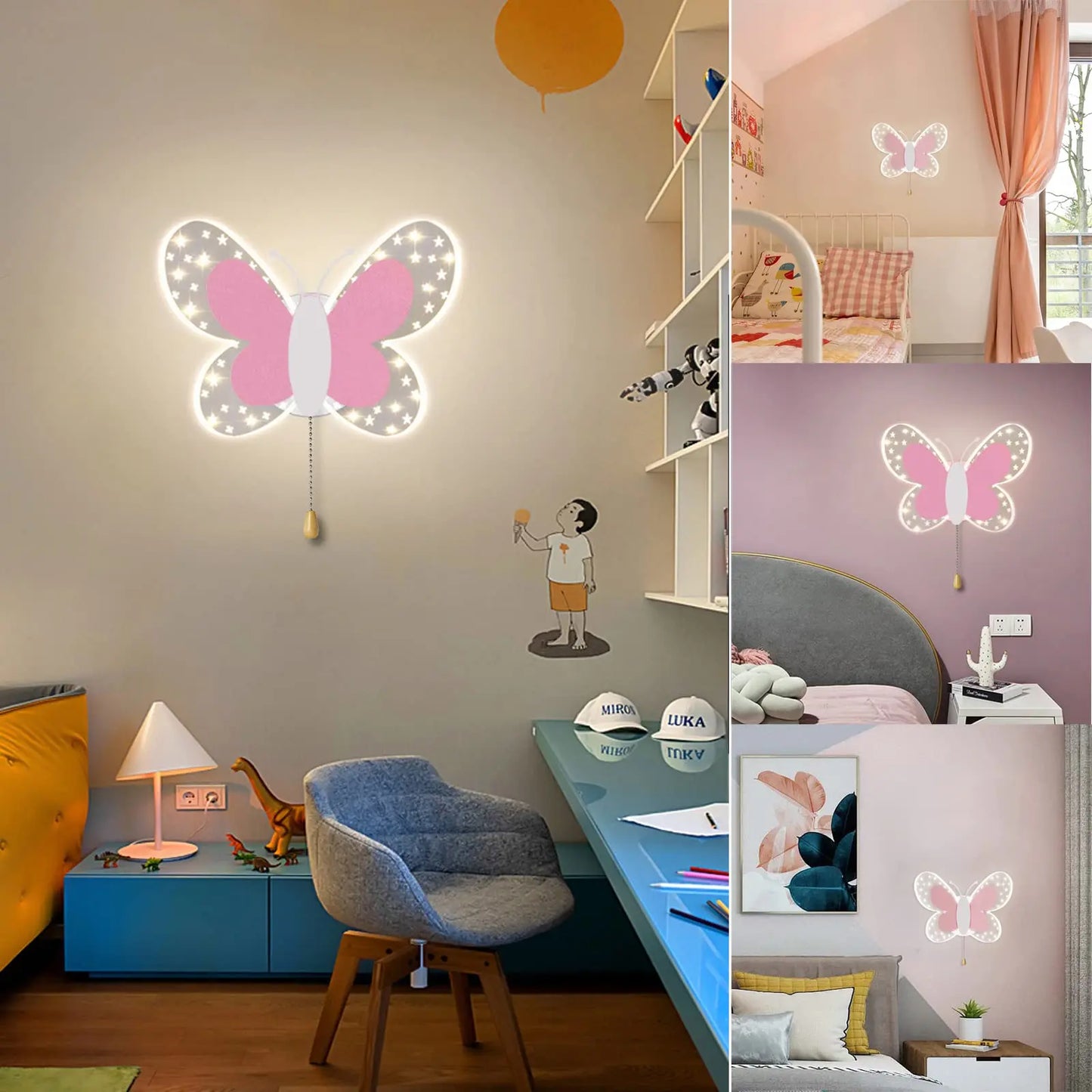 Creativity Butterfly Children's Room Wall Lamp Pink Pull Switch Wall Sconces Indoor Bedside Room Aisle Decorative Lights