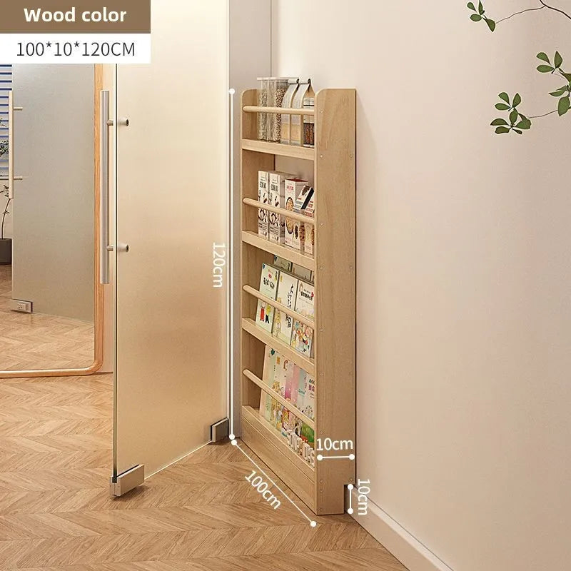 Solid wood bookshelf, floor standing wall mounted multi-layer storage rack, household bookshelf, thin bookshelf behind the door