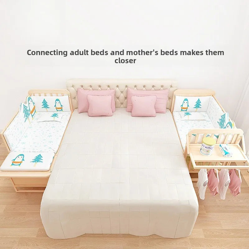Children Bed Solid Wood Baby Crib Convertible Toddler Bed Portable Bassinet Nontoxic Finish Adjustable Mattress Easy Assembly