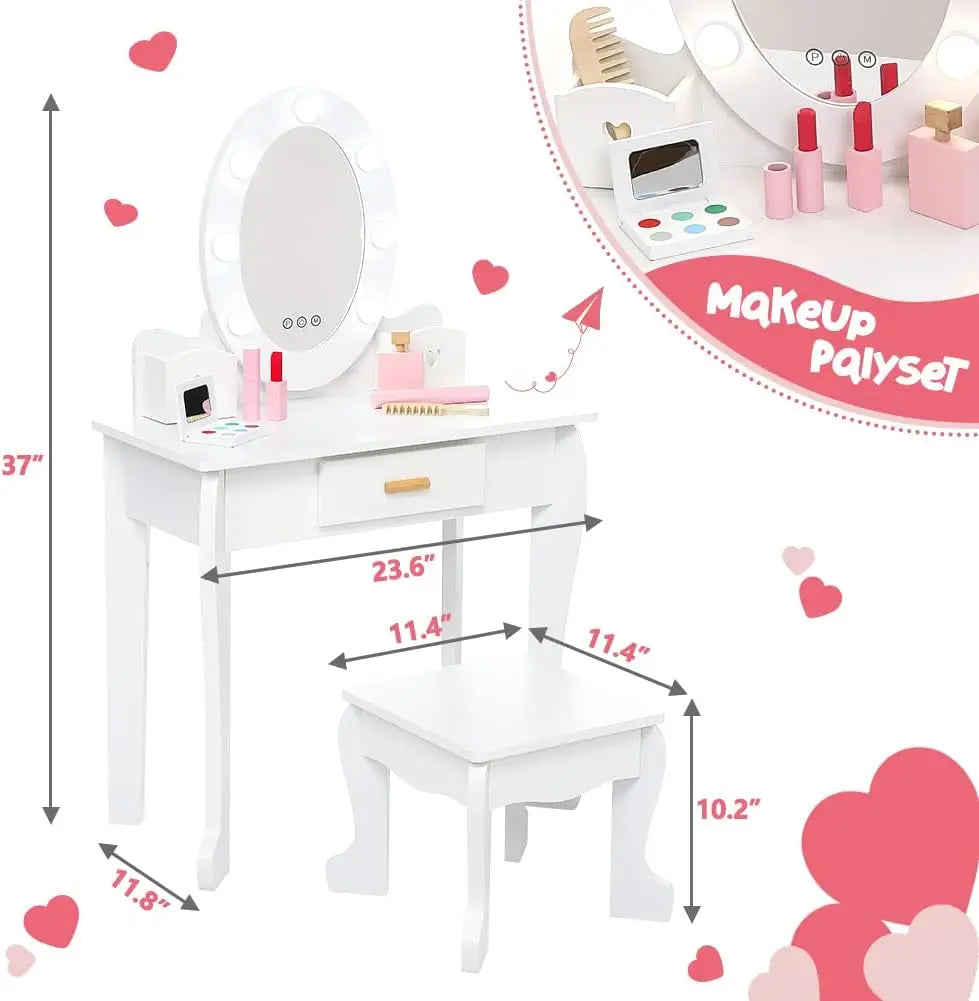 Kids Vanity Set, Pretend Play Girls Vanity Table and Chair Set with Lighted Mirror,Stool,Wood Makeup Playset,Birthday Gift