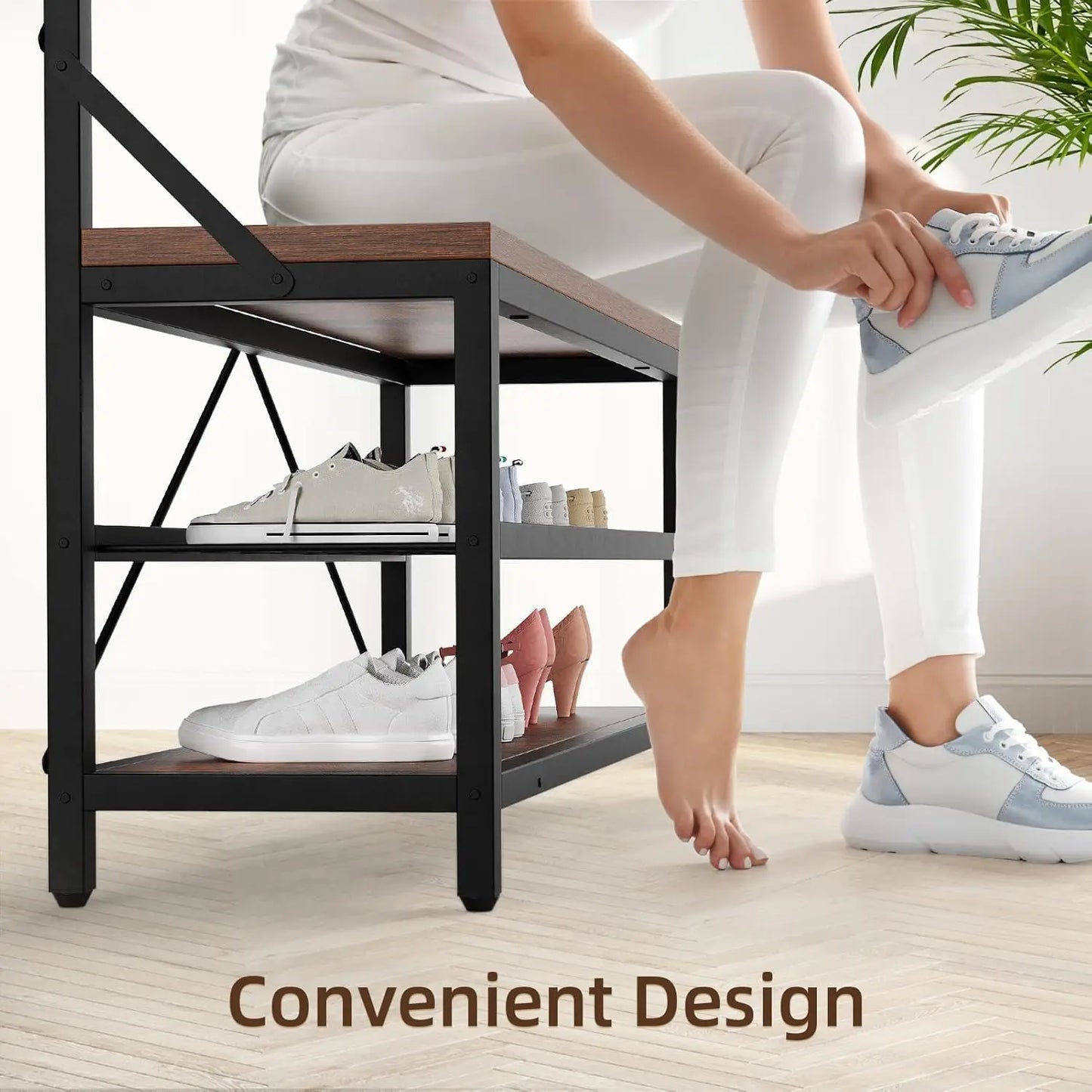 Industrial Hall Tree Coat Rack with Bench & 3-Tier Shoe Storage, 8 Hooks, Sturdy Metal Frame,Entryway Organizer for Hallway