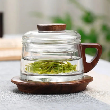 200ml Glass Tea Cup with Filter and Wooden Handle High Borosilicate Glass Teacup Home Office Tea Separation Mug Kung Fu Tea Set