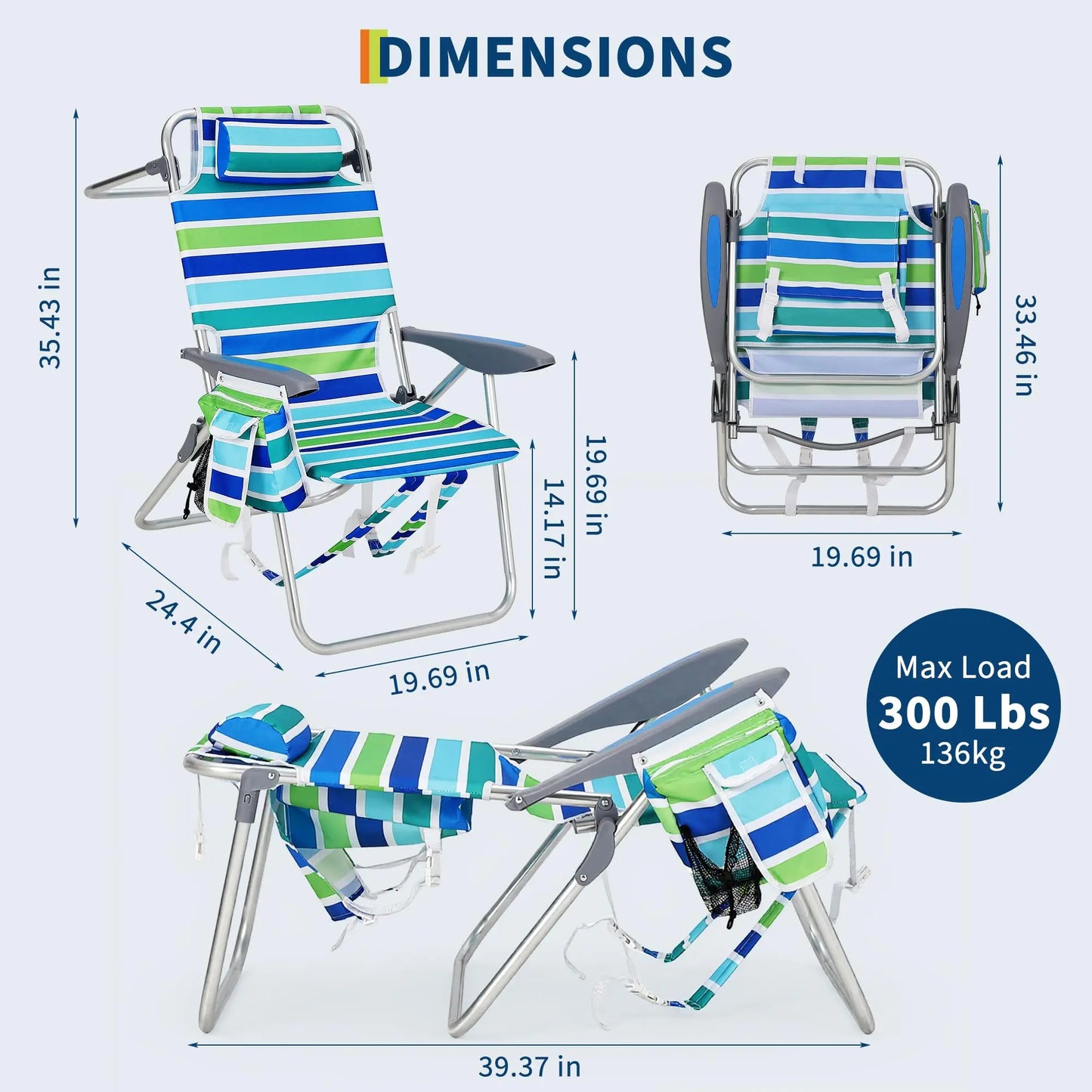 2 Pack High Backpack Beach Chair Lay Flat Folding Camping Chair Lightweight Portable Outdoor Lounge With Cooler Pouch Cup Holder