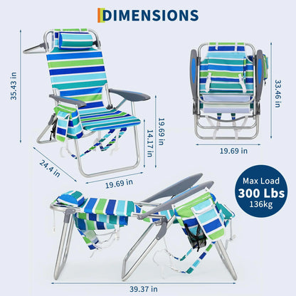 2 Pack High Backpack Beach Chair Lay Flat Folding Camping Chair Lightweight Portable Outdoor Lounge With Cooler Pouch Cup Holder