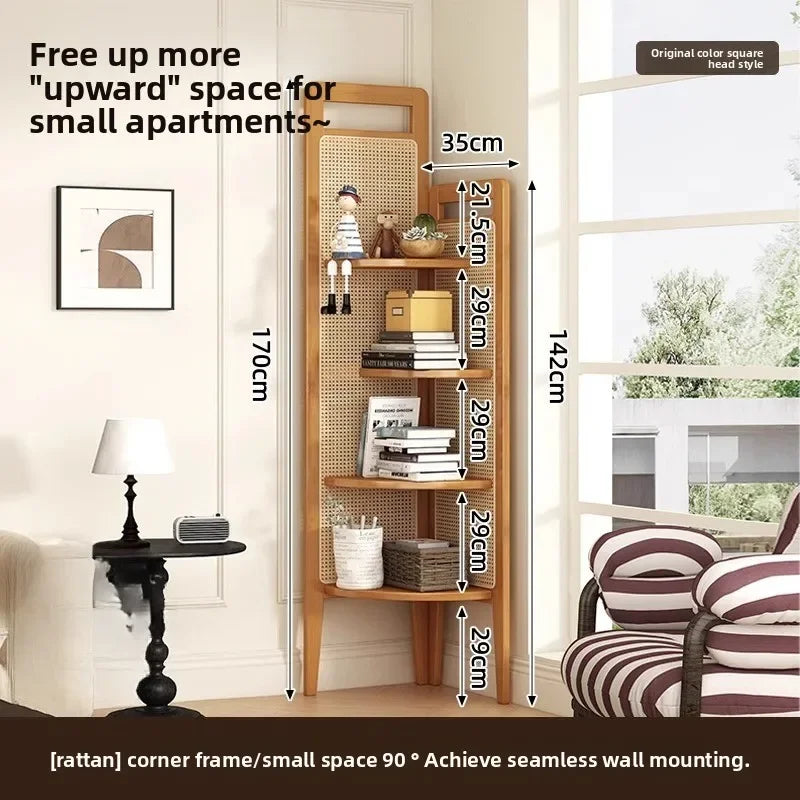 Retro bookshelf triangular corner cabinet rattan weaving living room screen partition study storage bedroom corner cabinet