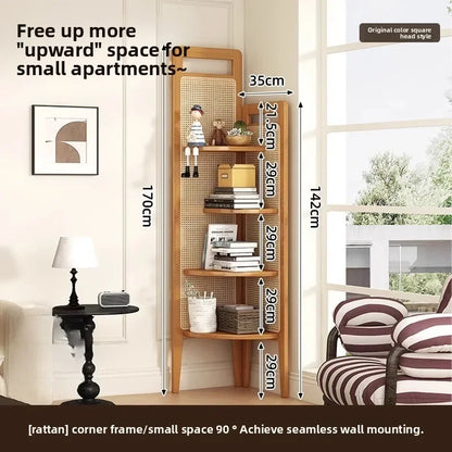 Retro bookshelf triangular corner cabinet rattan weaving living room screen partition study storage bedroom corner cabinet