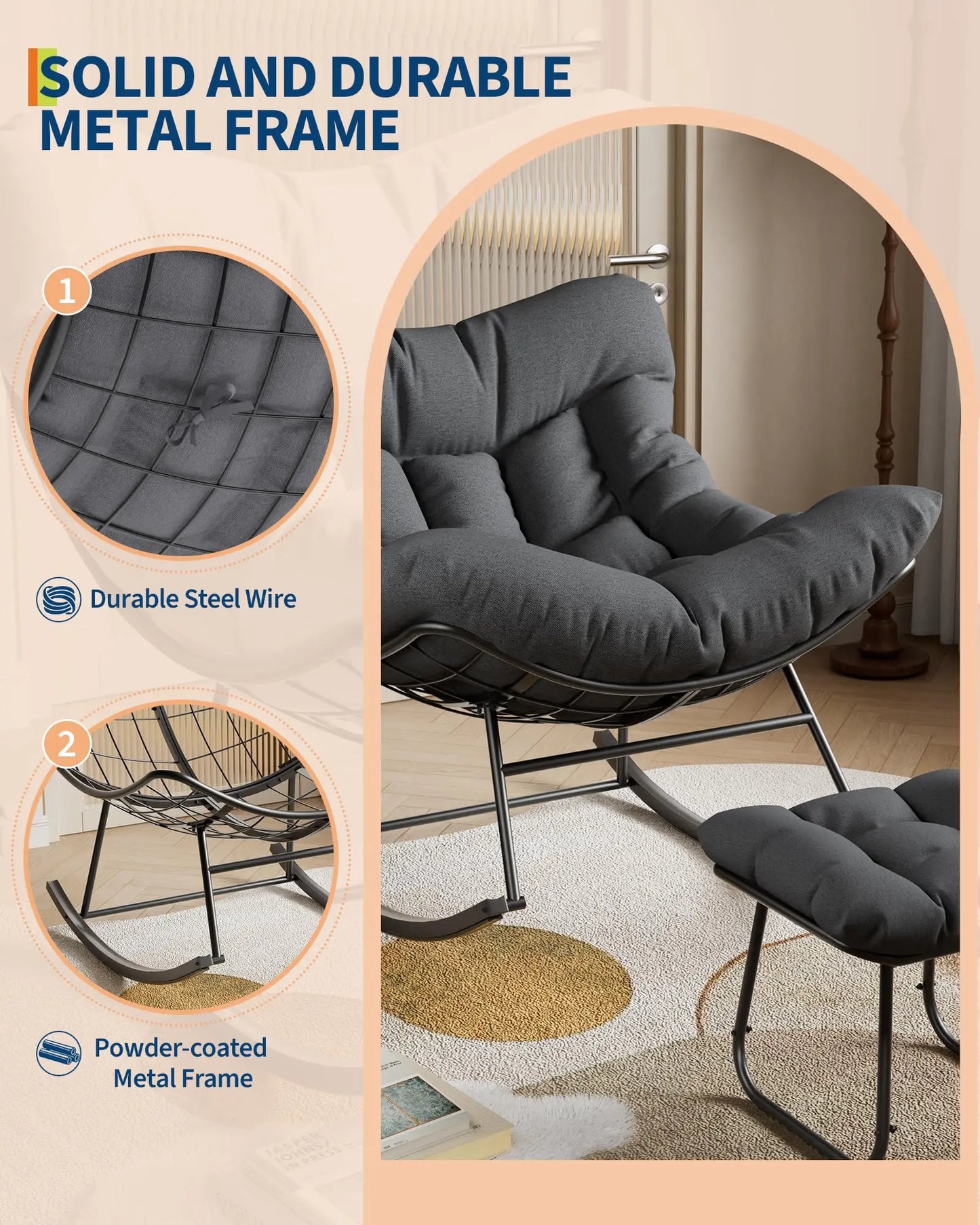 Oversized Papasan Rocking Chair With Ottoman, Outdoor Lounge Egg Rocker For Porch Balcony Backyard, Heavy Duty 450lb Capacity