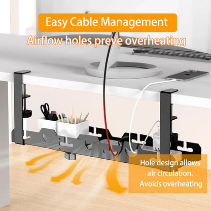 No Drilling Extendable Under Desk Cable Management Metal Cable Tray Under Desk With Clamp Retractable Power Strip Cord Holder