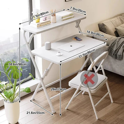 Double Folding Table Layered Shelving Space Saving Folding Computer Table Use for Writing Studying Gaming and Office