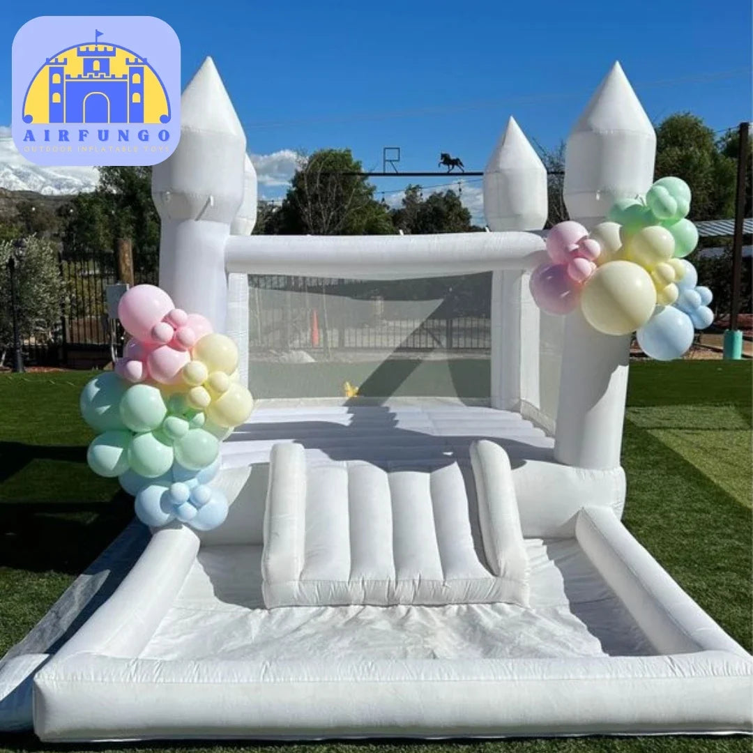 （This product is currently out of stock）White Bounce House With Slide Ball Pit Party  Inflatable Mini Bouncy Castle With Blower