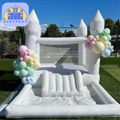 （This product is currently out of stock）White Bounce House With Slide Ball Pit Party  Inflatable Mini Bouncy Castle With Blower