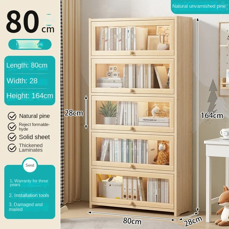 Solid wood bookcase with door transparent dustproof cabinet multi-layer floor-standing bookshelf home simple storage rack