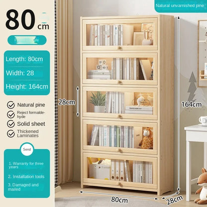 Solid wood bookcase with door transparent dustproof cabinet multi-layer floor-standing bookshelf home simple storage rack