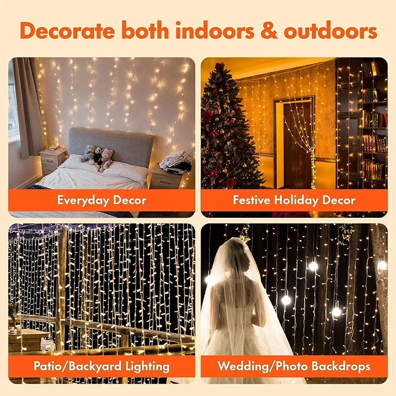 Bright 300 LED Curtain Light, Plug in Fairy Lights for Bedroom, Christmas Hanging String Lamp Outdoor for Window Backdrop Wall