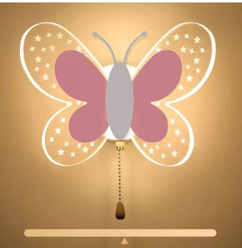Creativity Butterfly Children's Room Wall Lamp Pink Pull Switch Wall Sconces Indoor Bedside Room Aisle Decorative Lights