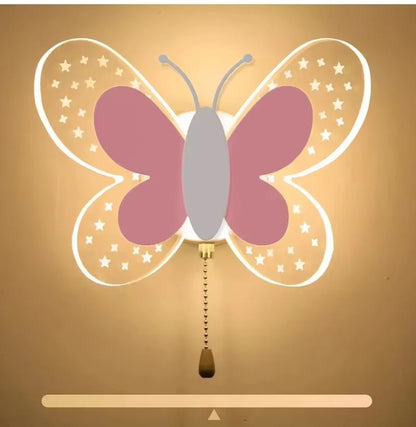 Creativity Butterfly Children's Room Wall Lamp Pink Pull Switch Wall Sconces Indoor Bedside Room Aisle Decorative Lights