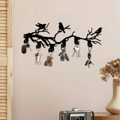 1pc Bohemian Black Metal Bird on Branch Wall Hook - Heavy-Duty Hot Iron Key Holder with Bird Silhouettes (Crows/Sparrows)
