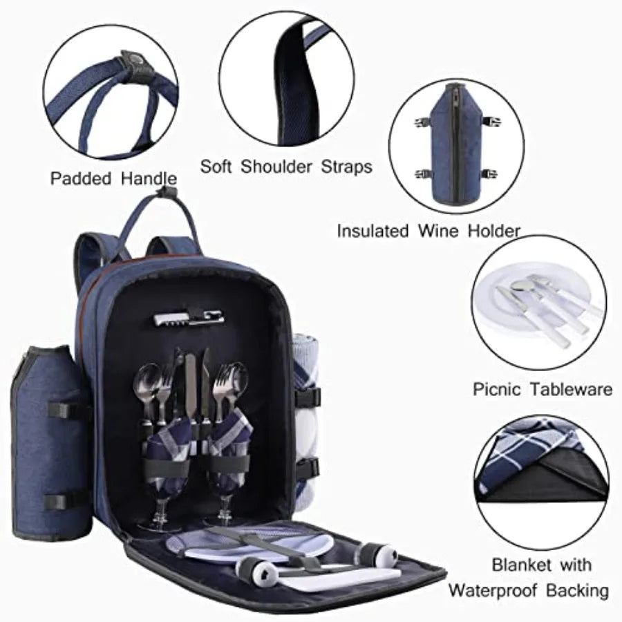 Picnic Backpack for Set W/Detachable Bottle/Wine Holder Fleece Blanket Plates and Cutlery Set