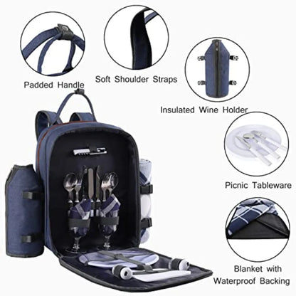 Picnic Backpack for Set W/Detachable Bottle/Wine Holder Fleece Blanket Plates and Cutlery Set