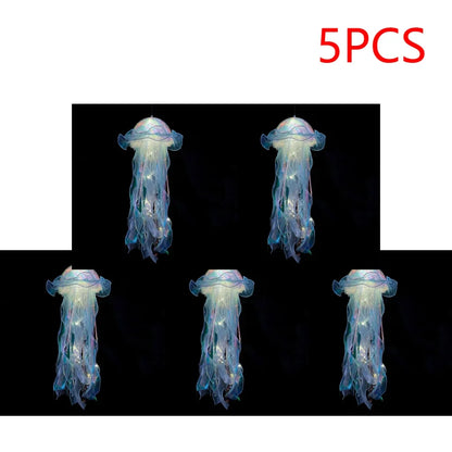 Jellyfish Colorful Nightlight Button Battery Hanging Ceiling Lantern with Ribbon&Bead LED Bulbs for Children Bedroom