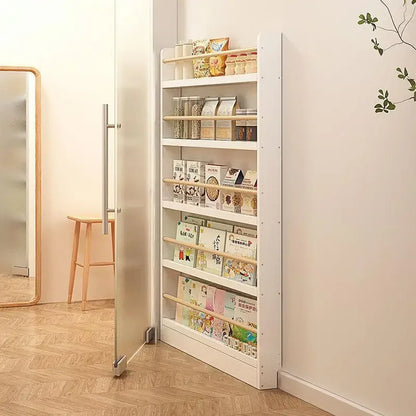 Solid wood bookshelf, floor standing wall mounted multi-layer storage rack, household bookshelf, thin bookshelf behind the door