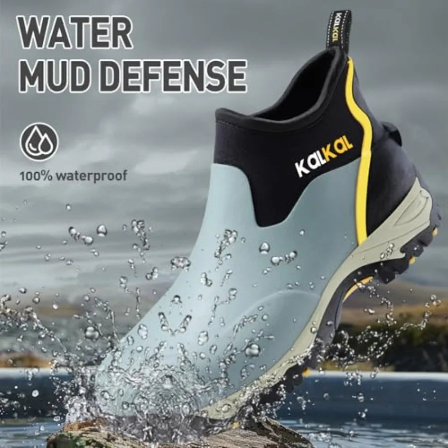 Kalkal Men's Rubber Boots Waterproof Ankle Rain Boots Insulated Working Booties with Comfortable Sports Sole Outdoor Mud Boots
