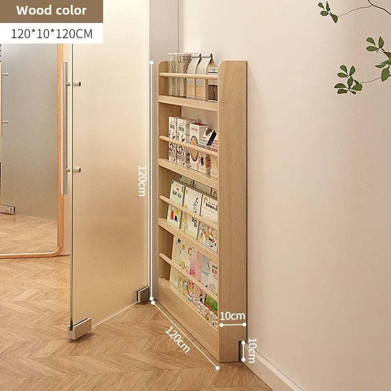 Solid wood bookshelf, floor standing wall mounted multi-layer storage rack, household bookshelf, thin bookshelf behind the door