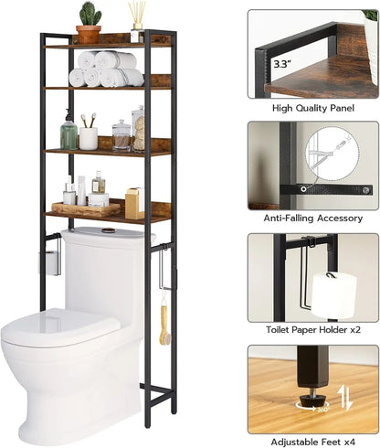4-Tier Over Toilet Storage Rack with Hooks, Space-Saving Bathroom Organizer in Rustic Brown