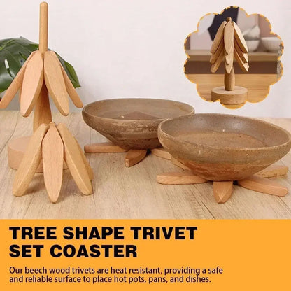 Wooden Trivets for Hot Dishes Folding Tree Shape Black Walnut Table Mat Holders Heat Insulated Pad Set Coasters for Pots