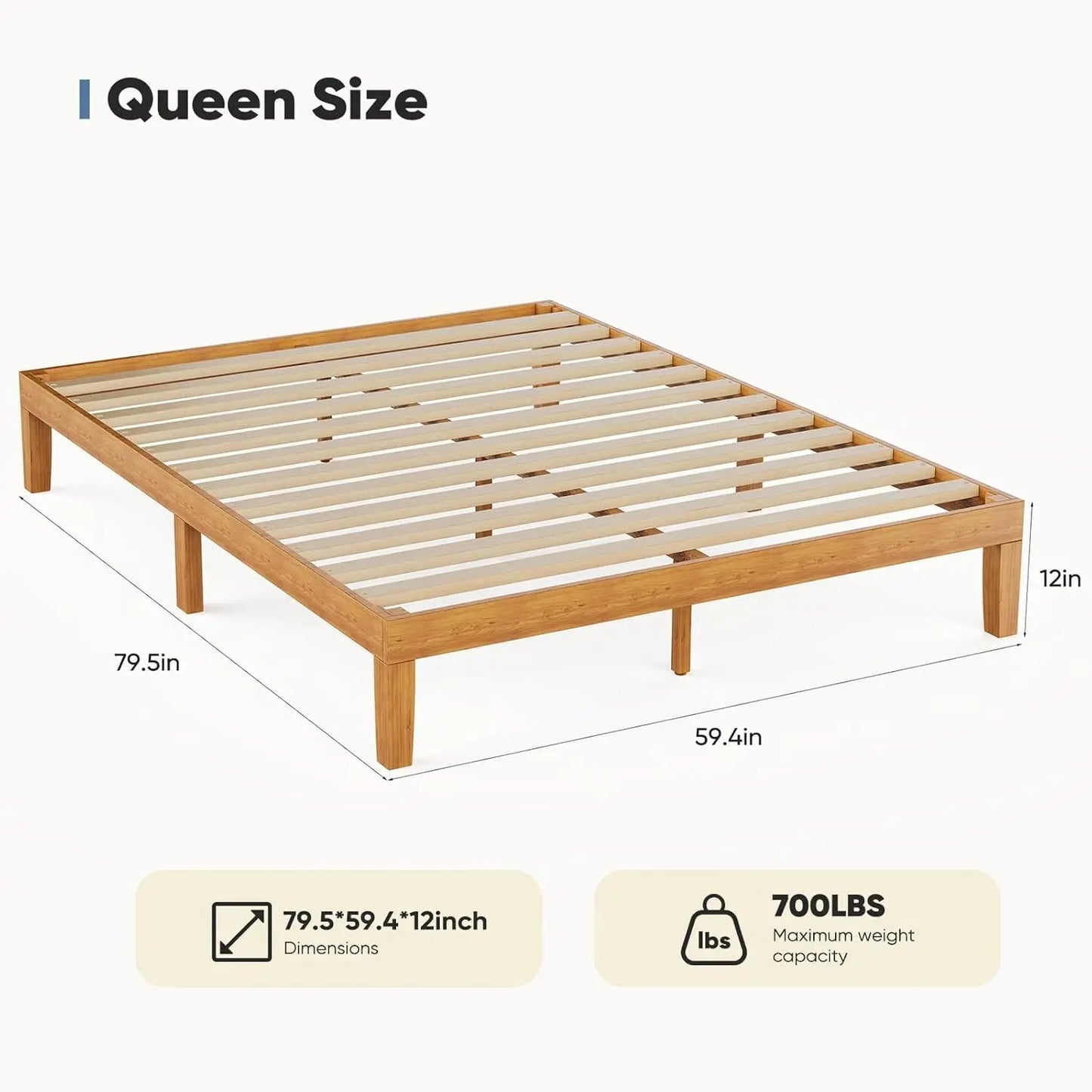Queen Size Wood Bed Frame 12in Wooden Platform Bed Foundation with Support Slats