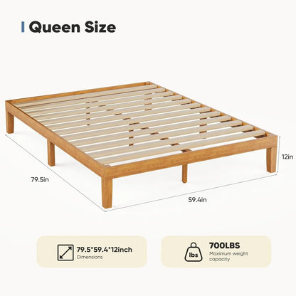 Queen Size Wood Bed Frame 12in Wooden Platform Bed Foundation with Support Slats